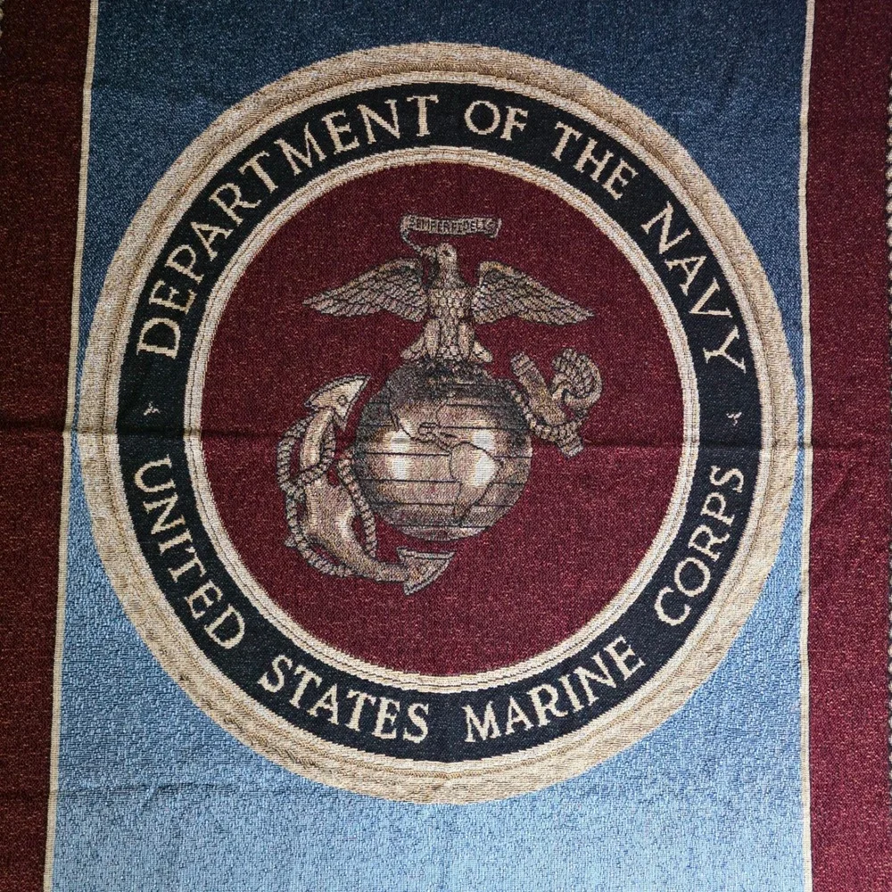 VTG US Marine USMC Department of the Navy Woven Tapestry Throw Blanket 58x46